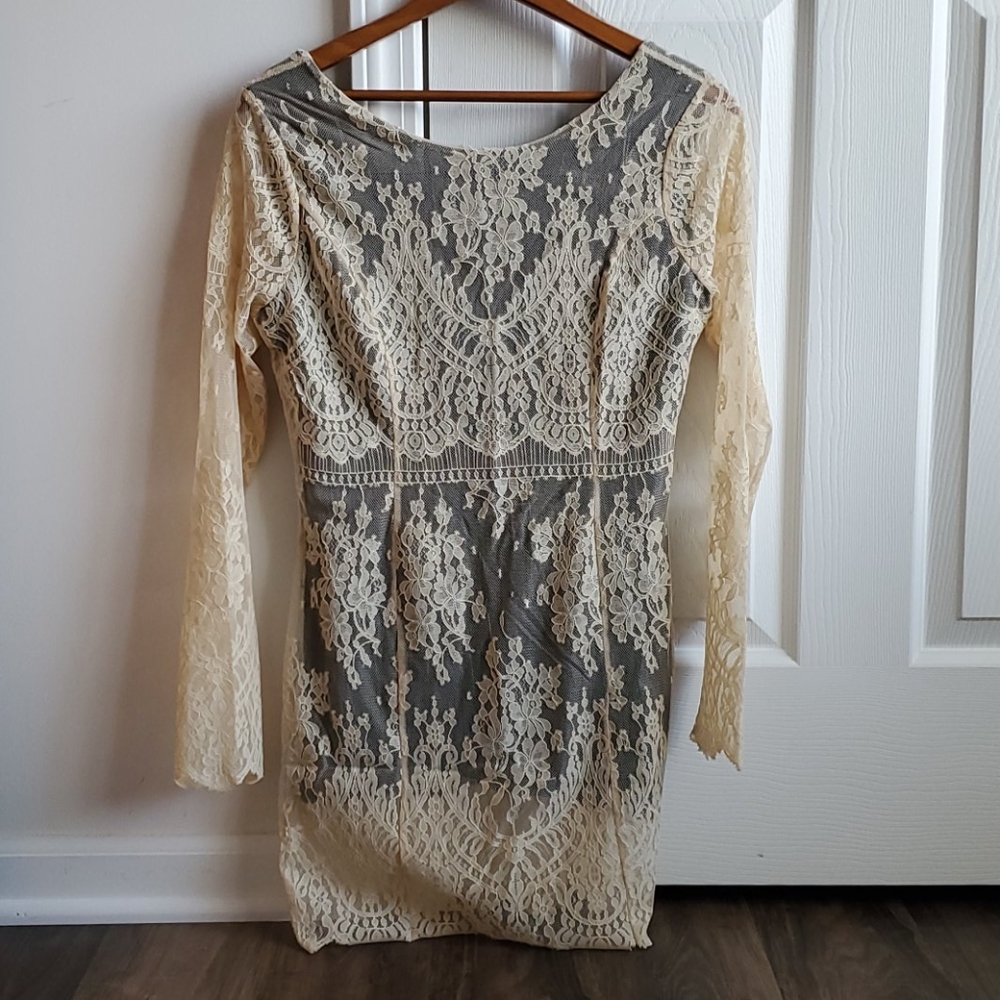 Free People Cream Long Sleeve Lace Mini Dress